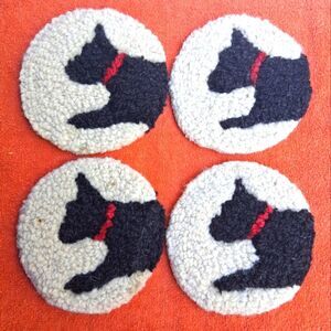 Handmade Hooked Cat Design Coasters - Cream Background, Black with Red Collar